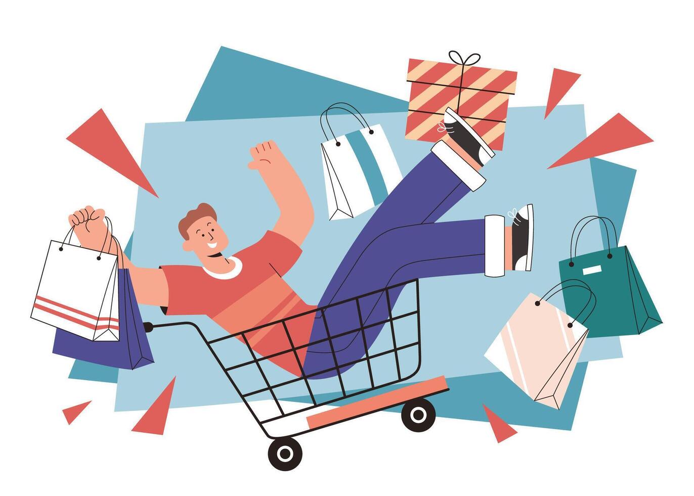 hombre en carro en compras fest en plano estilo ilustración. alegre hombre con un lote de compras pantalones montando un compras carretilla vector