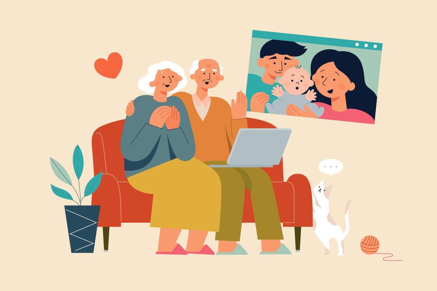 Flat illustration of elderly couple having video call with family while staying at home vector