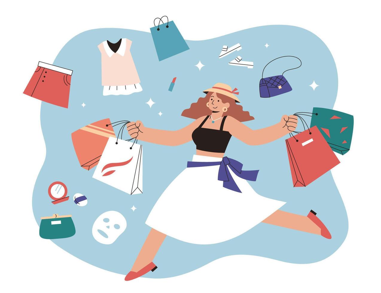 Woman buying on shopping festival in flat style illustration. Woman moves delightfully with shopping bags with beauty goods and ladies wear in bags vector