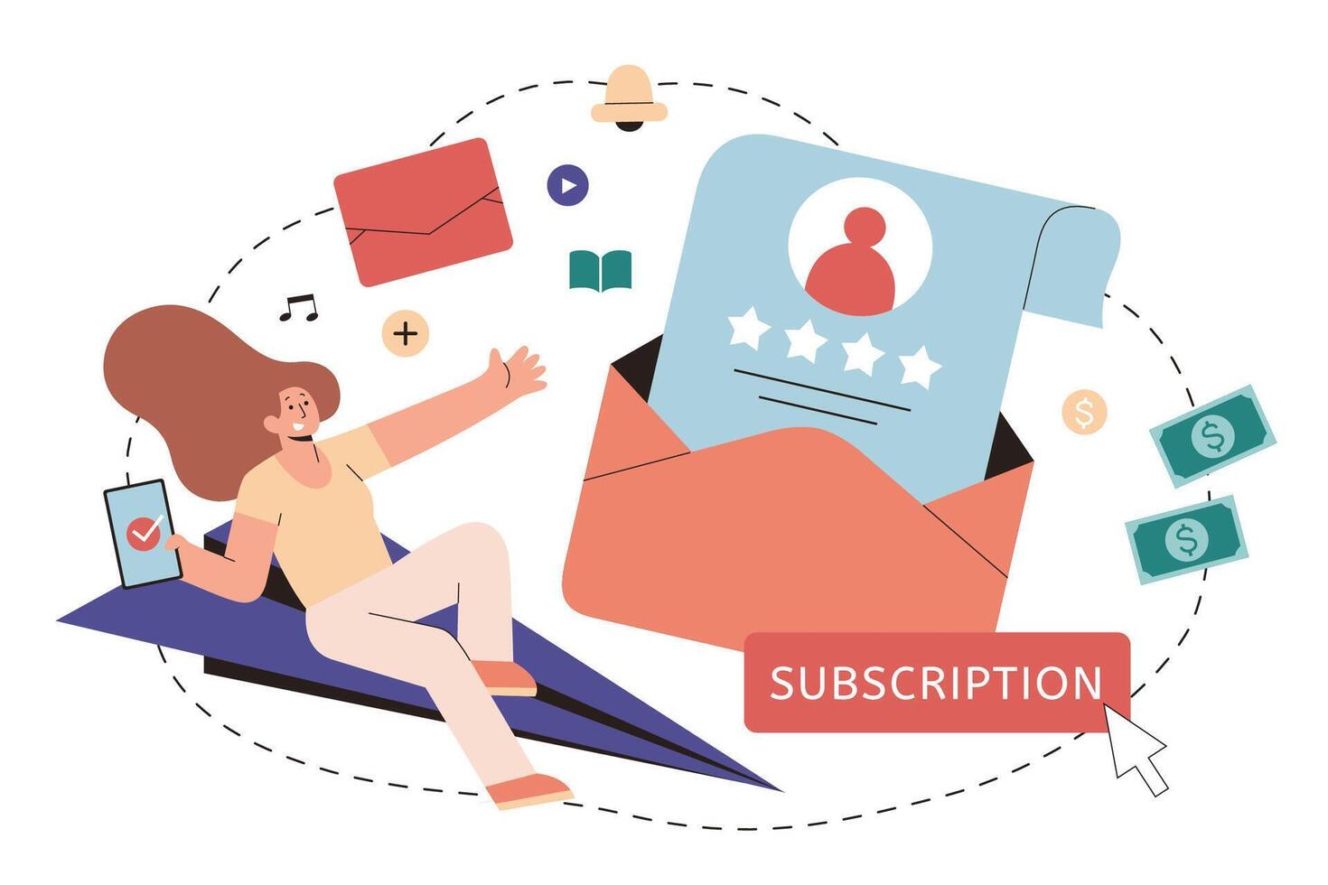 Influencer marketing in flat style illustration. Social media influencer calling subscriptions to her blog or video channel of product or service review content to earn more attention for money vector