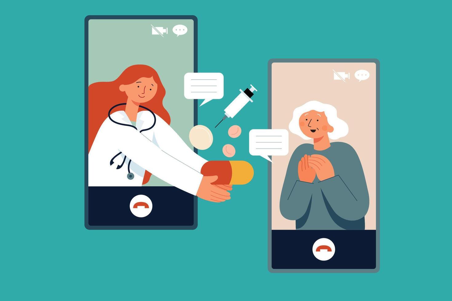 Flat illustration of doctor consulting a female elder via video call using smartphone. Concept of telemedicine delivering care at a distance vector