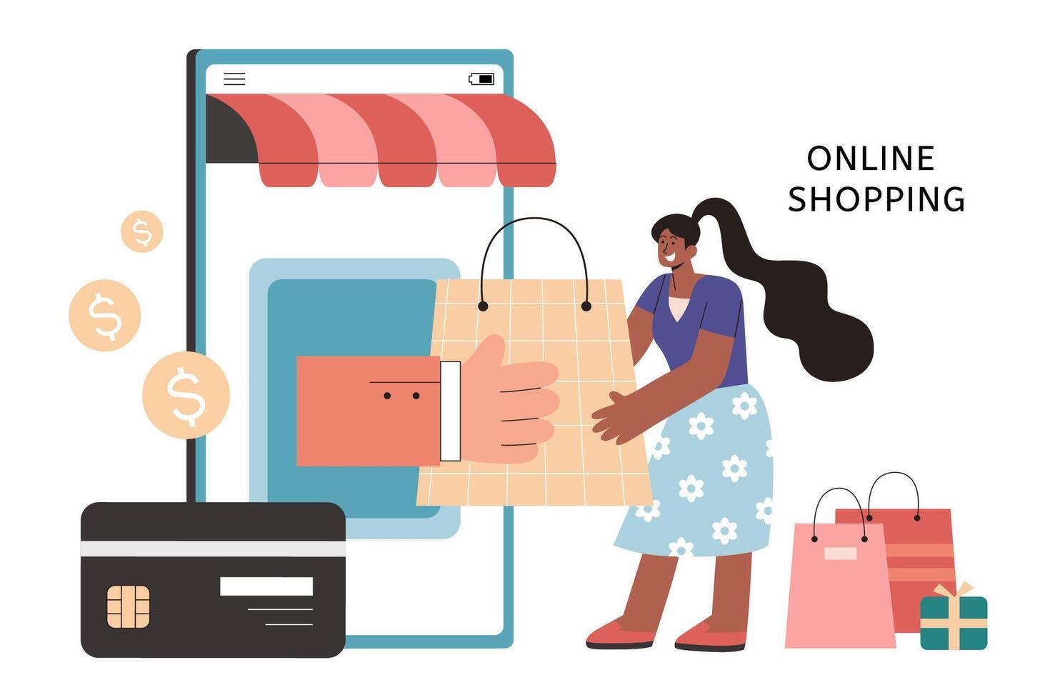 Online shopping cashback banner in flat illustration. A hand coming out of mobile phone giving a shopping bag to the woman and some coins floating up from credit card vector