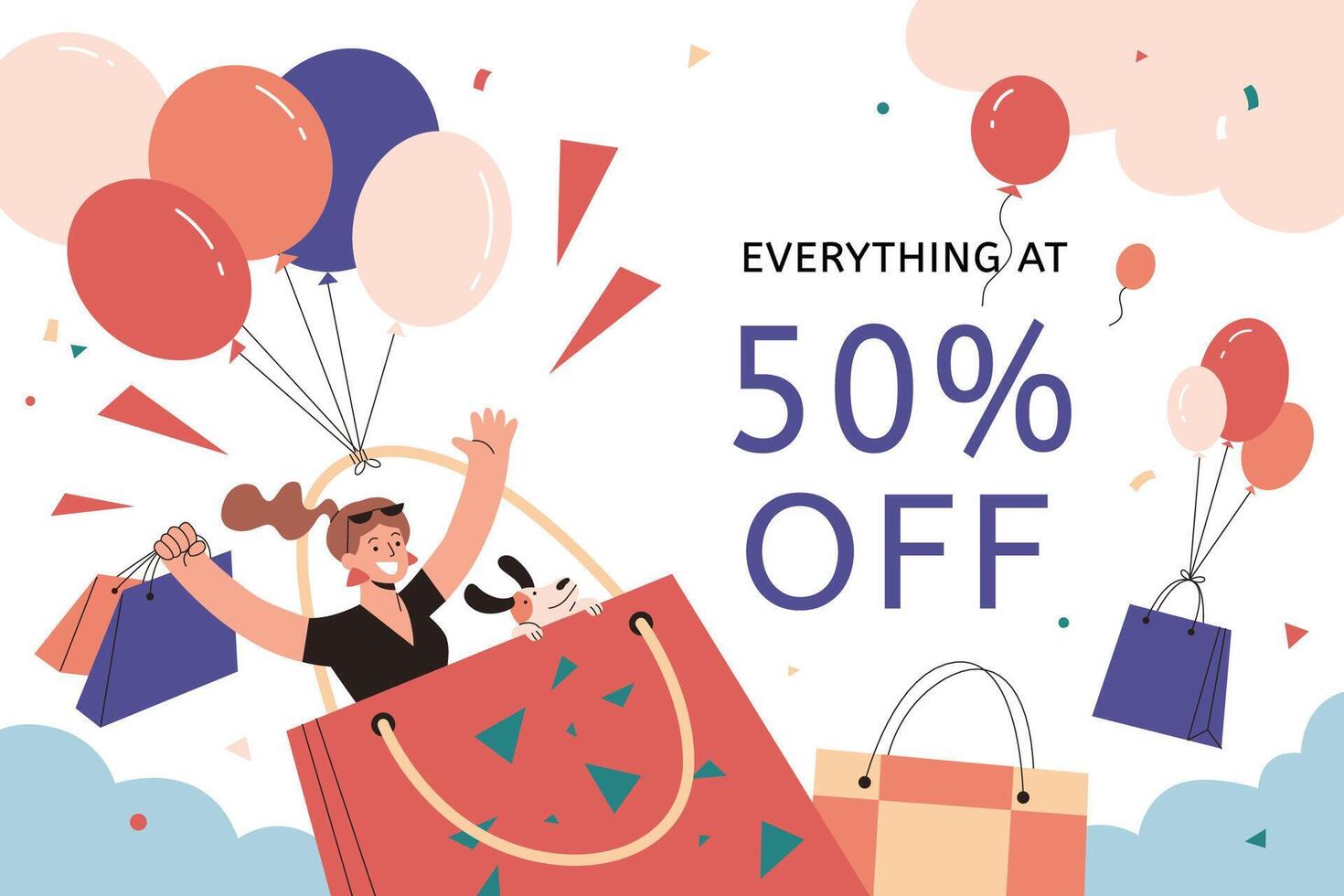 Woman enjoying half price sale in flat style illustration. A woman cheerfully flying in a shopping bag tied with balloons in the sky vector