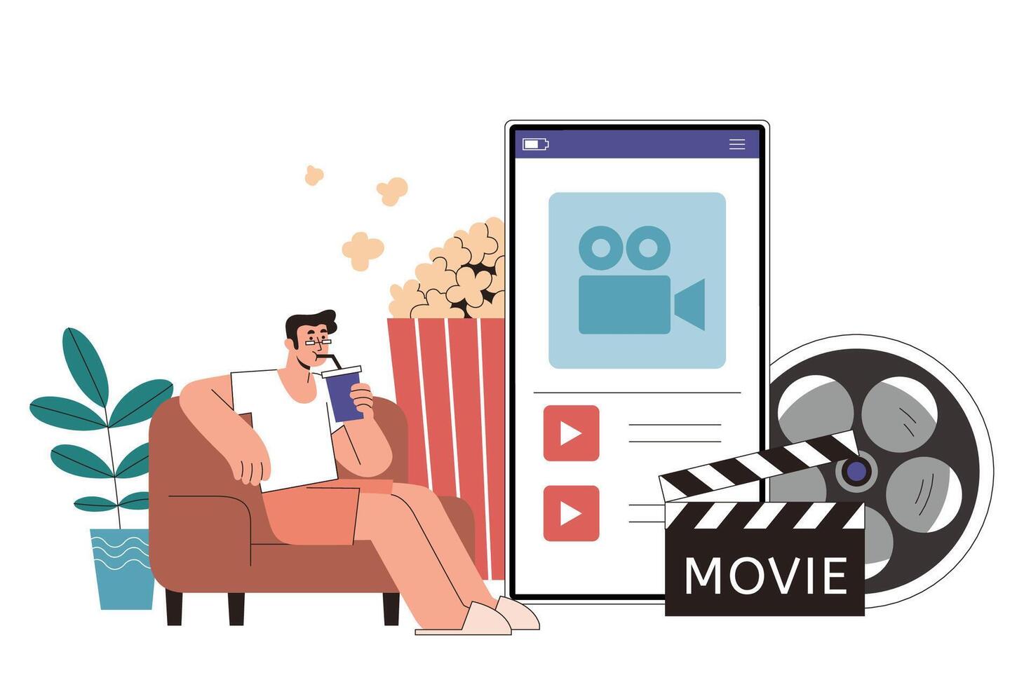 acecho en línea películas en teléfono en plano estilo ilustración. hombre relajante en un Sillón y acecho películas vía su móvil teléfono, como Si él es Realmente sentado y acecho en cine vector