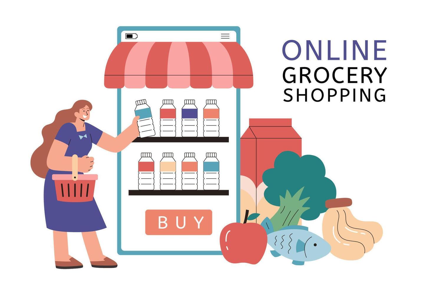 Woman going online grocery shopping in flat style illustration. A female character picking up product from online supermarket with other groceries on the floor vector