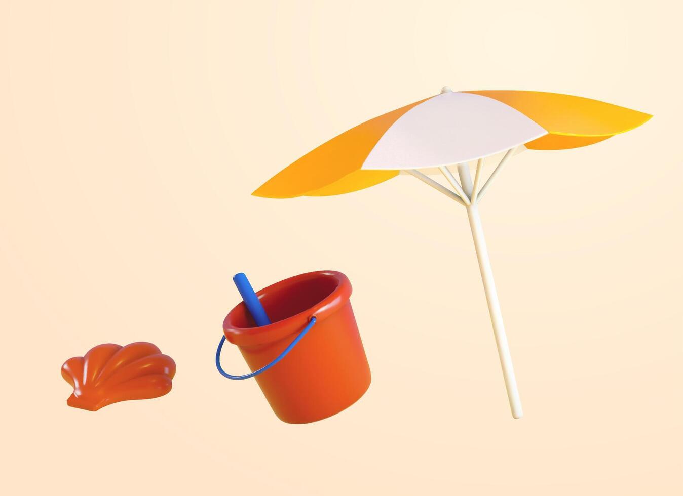 3d summer beach objects set. Illustration of a umbrella, bucket with shovel and seashell for outdoor use vector