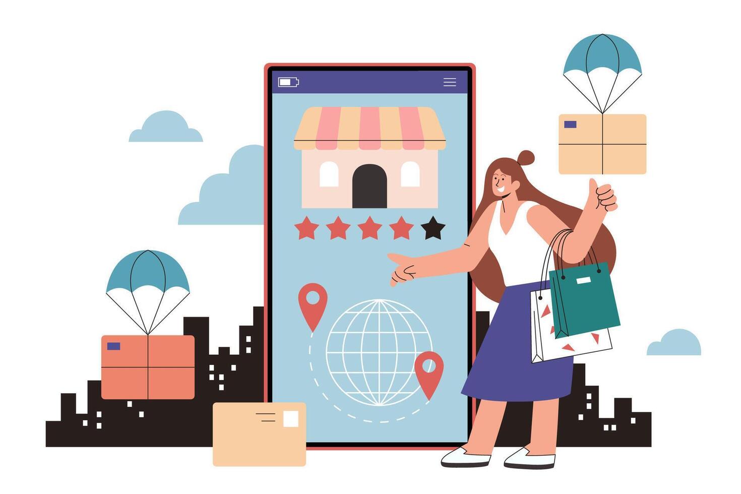 Rating online store on shopping app in flat style illustration. Woman shopper giving a 4 out of 5 stars rating to a store on shopping app with parachutes delivering parcels in the city vector