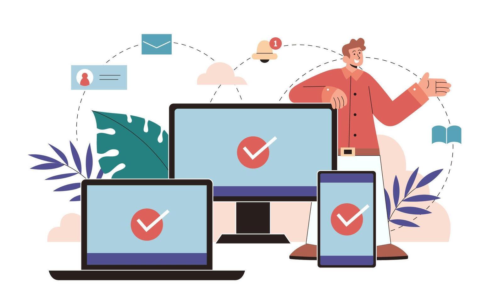 Man's cross device usage in flat style illustration. A man standing behind laptop, PC and phone with communication icons around him vector