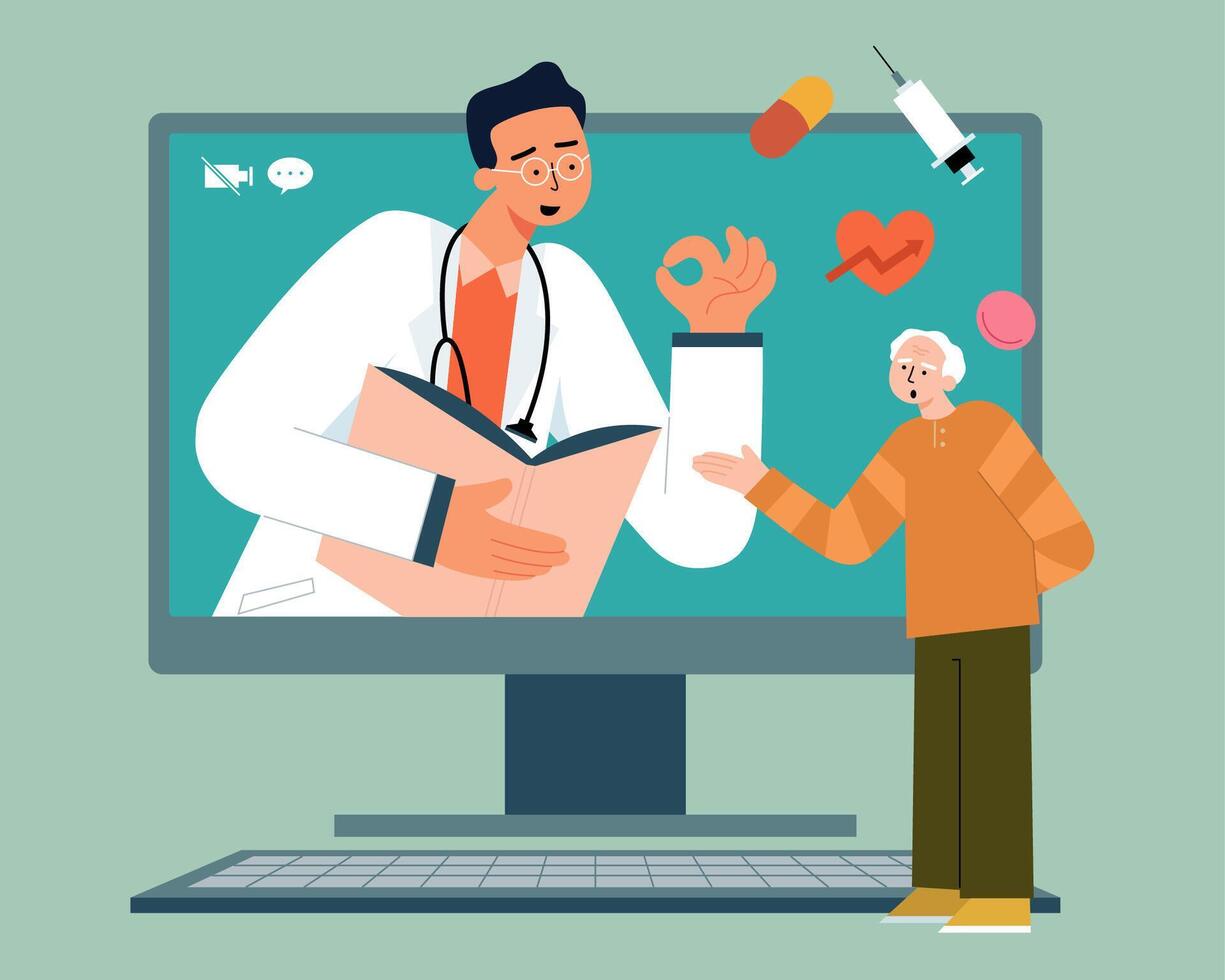 Flat illustration of senior woman getting online medical consultation from doctor using smartphone. Concept of telemedicine delivering care at a distance vector