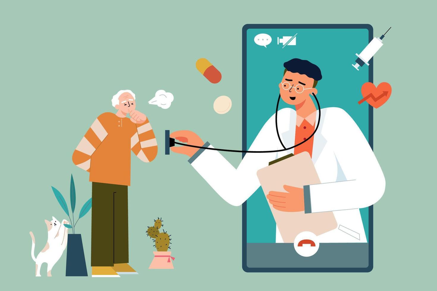 Flat illustration of doctor examining medical condition of elderly male patient via video call. Concept of telemedicine delivering care at a distance vector