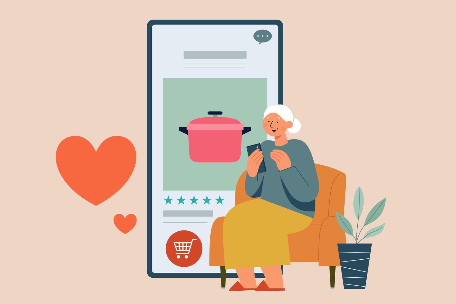 plano ilustración de mayor mujer sentado en Sillón comprando utensilios de cocina en línea utilizando móvil teléfono vector