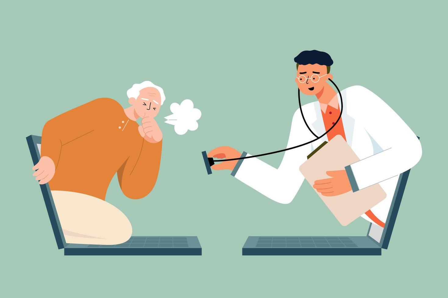 Flat illustration of sick senior man coughing being examined by a doctor online on laptop. Concept of telemedicine delivering care at a distance vector