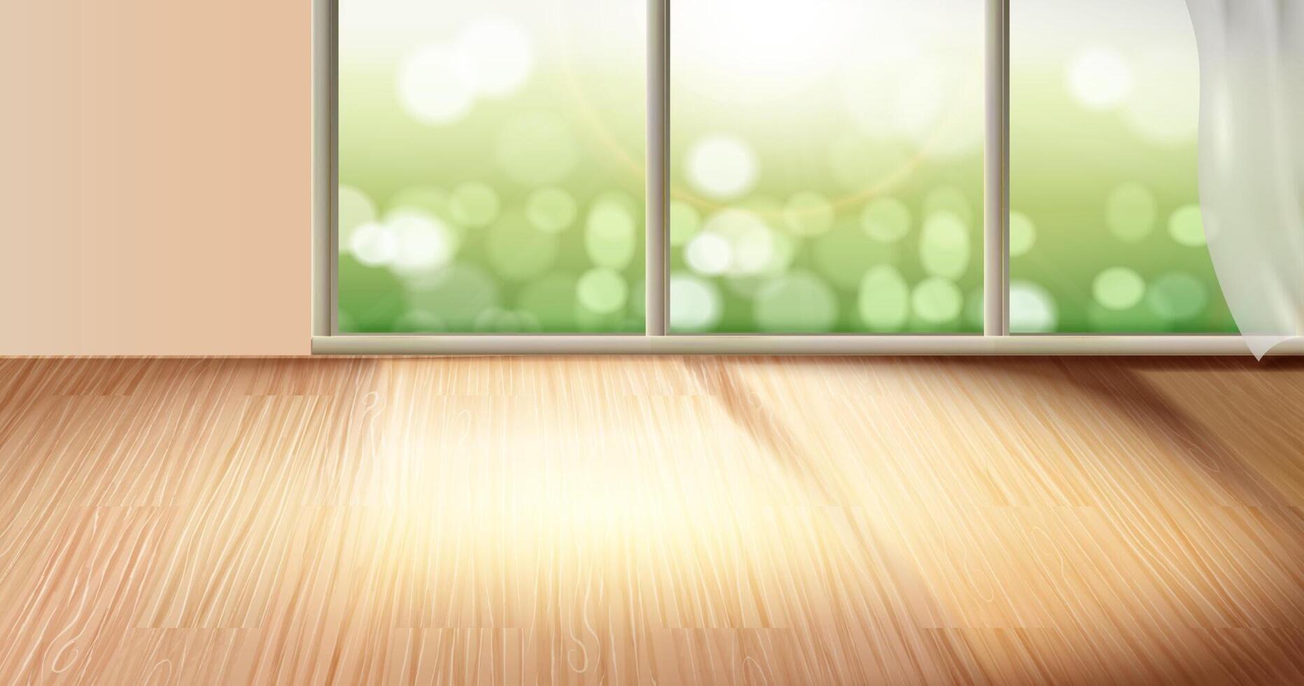 3d illustration of empty living room with wooden floor and large glass windows vector