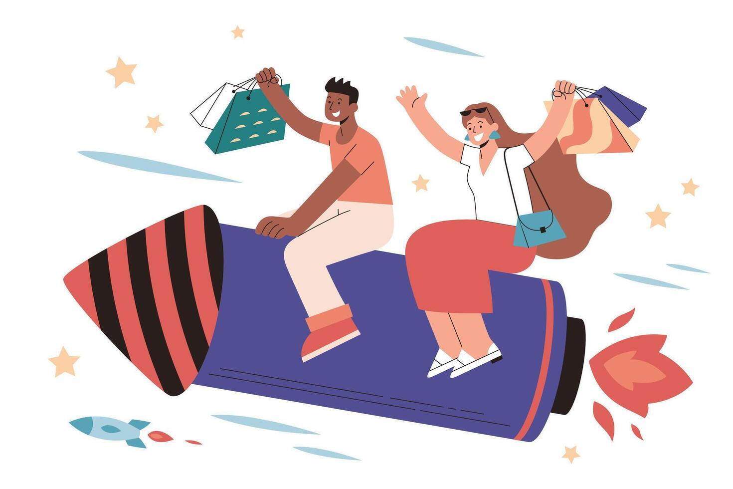 Shopper couple riding rocket in flat style illustration. Excited man and woman carrying shopping bags sitting on a fire cracker rocket as they are in a rush to go shopping vector