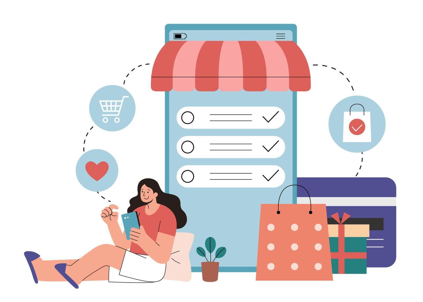 Girl ticking her shopping checklist in flat style illustration. A female sitting by a large phone and making purchase based on her shopping lists vector