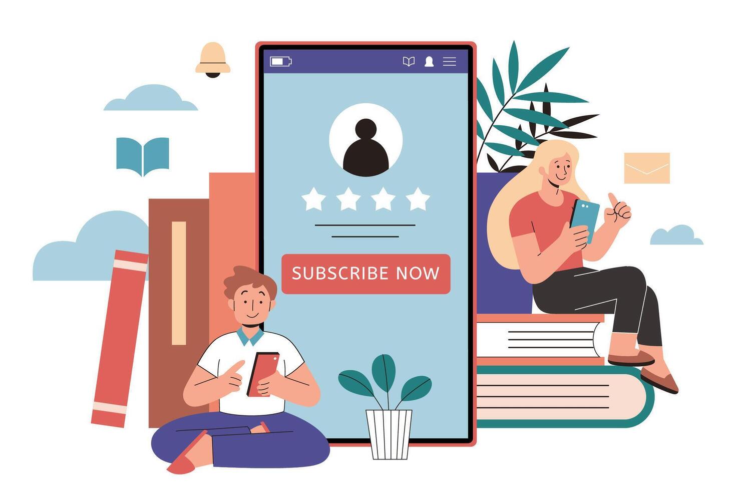 Educational content subscription in flat style illustration. Boy and girl using mobile phones while sitting by books, and subscription CTA to shown to their phone screens vector