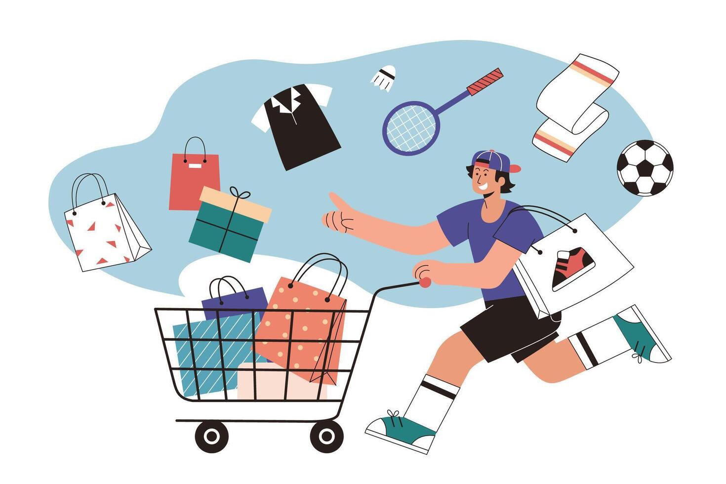 deportivo chico compras en individual' día en plano ilustración. deportista corriendo y emprendedor con un compras carro con Deportes bienes en pantalones vector