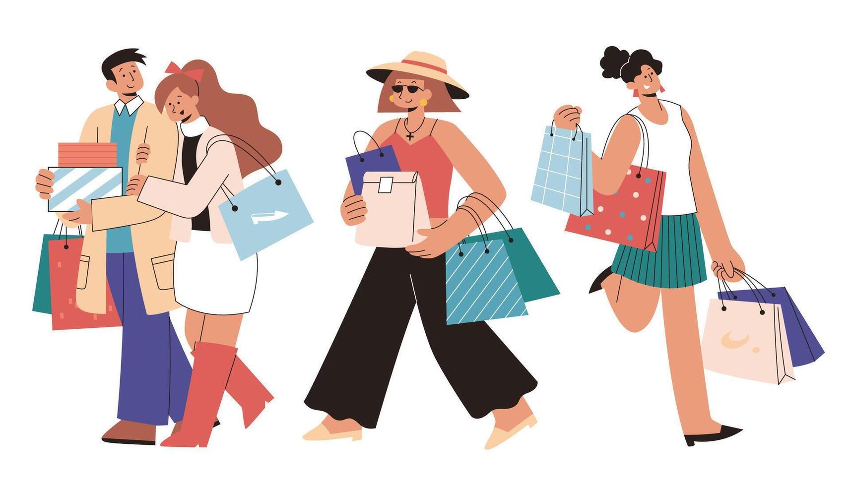 moderno comprador caracteres conjunto en plano estilo ilustración. personaje diseño de moderno Pareja y mujer haciendo compras con puñado de compras pantalones vector