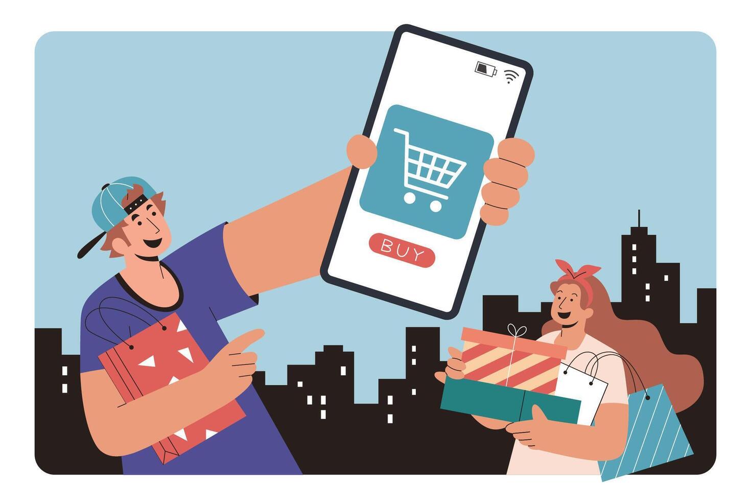 urbano Pareja compras en línea en plano estilo ilustración. chico demostración dónde su compra es desde en su teléfono pantalla, y niña aparte él participación un puñado de regalos y pantalones en paisaje urbano fondo vector