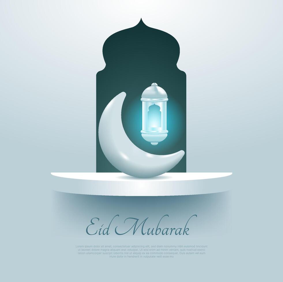 eid Mubarak tarjeta con 3d creciente, linterna y podio. vector ilustración