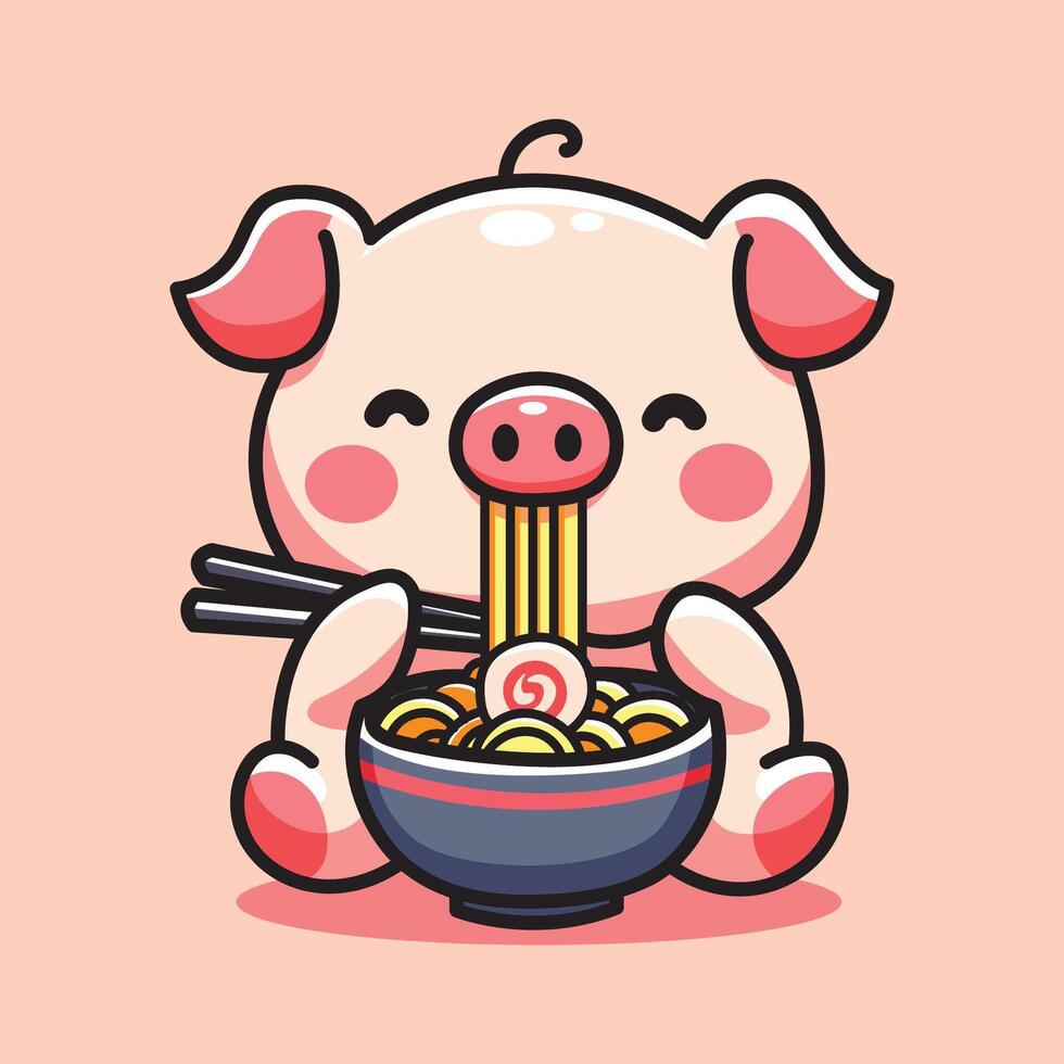 cute vector design illustration of a pig eating ramen