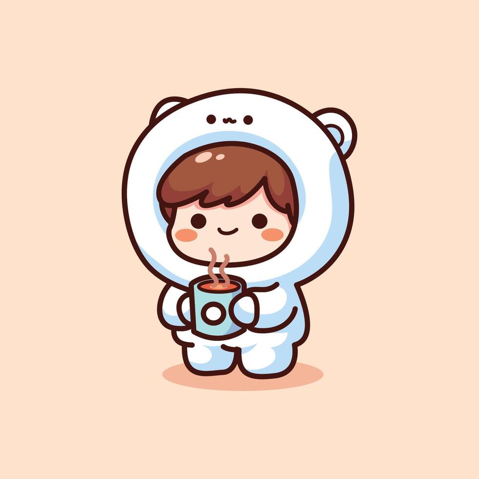 cute vector design illustration of a little boy wearing a polar bear costume