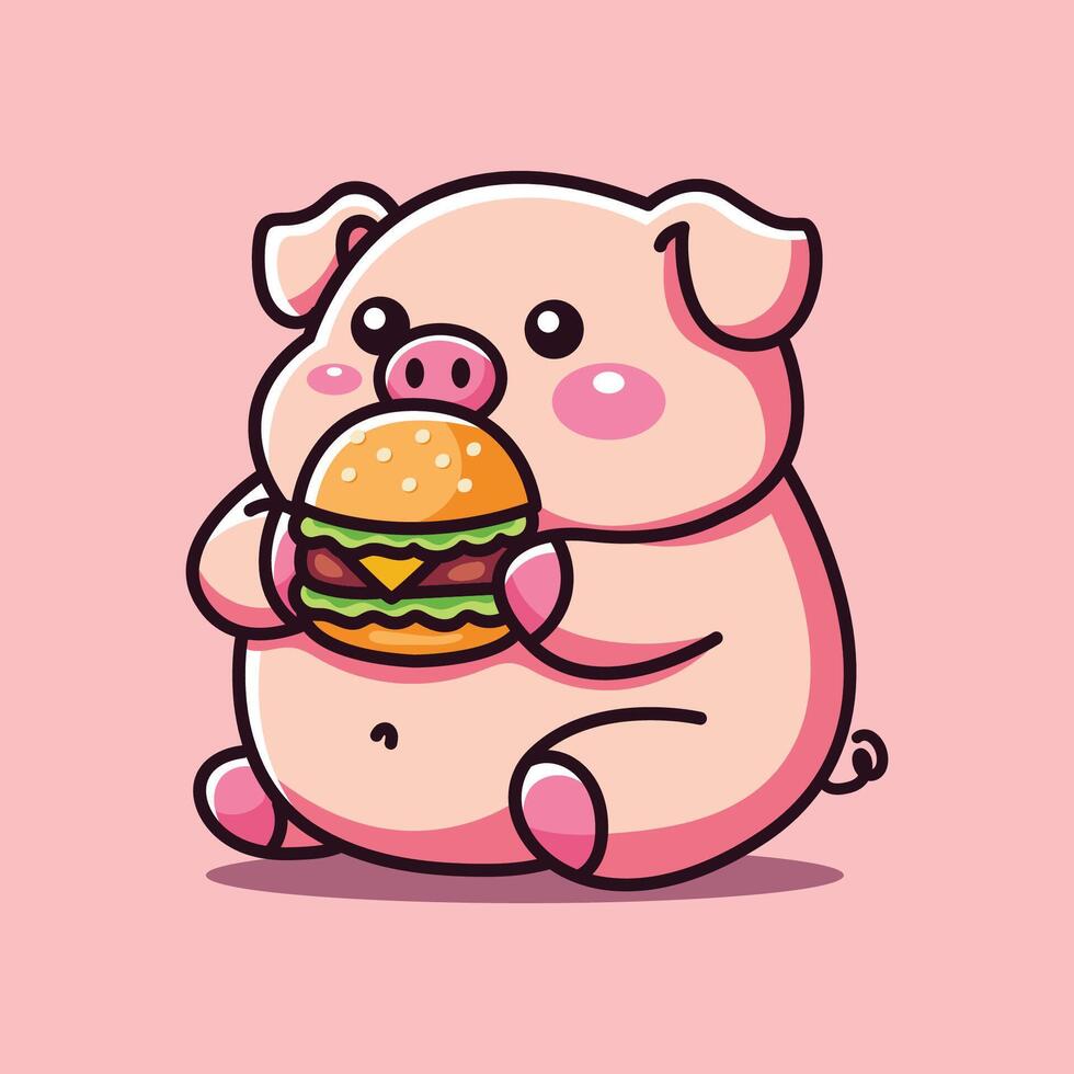 Vector illustration of cute pig eating burger