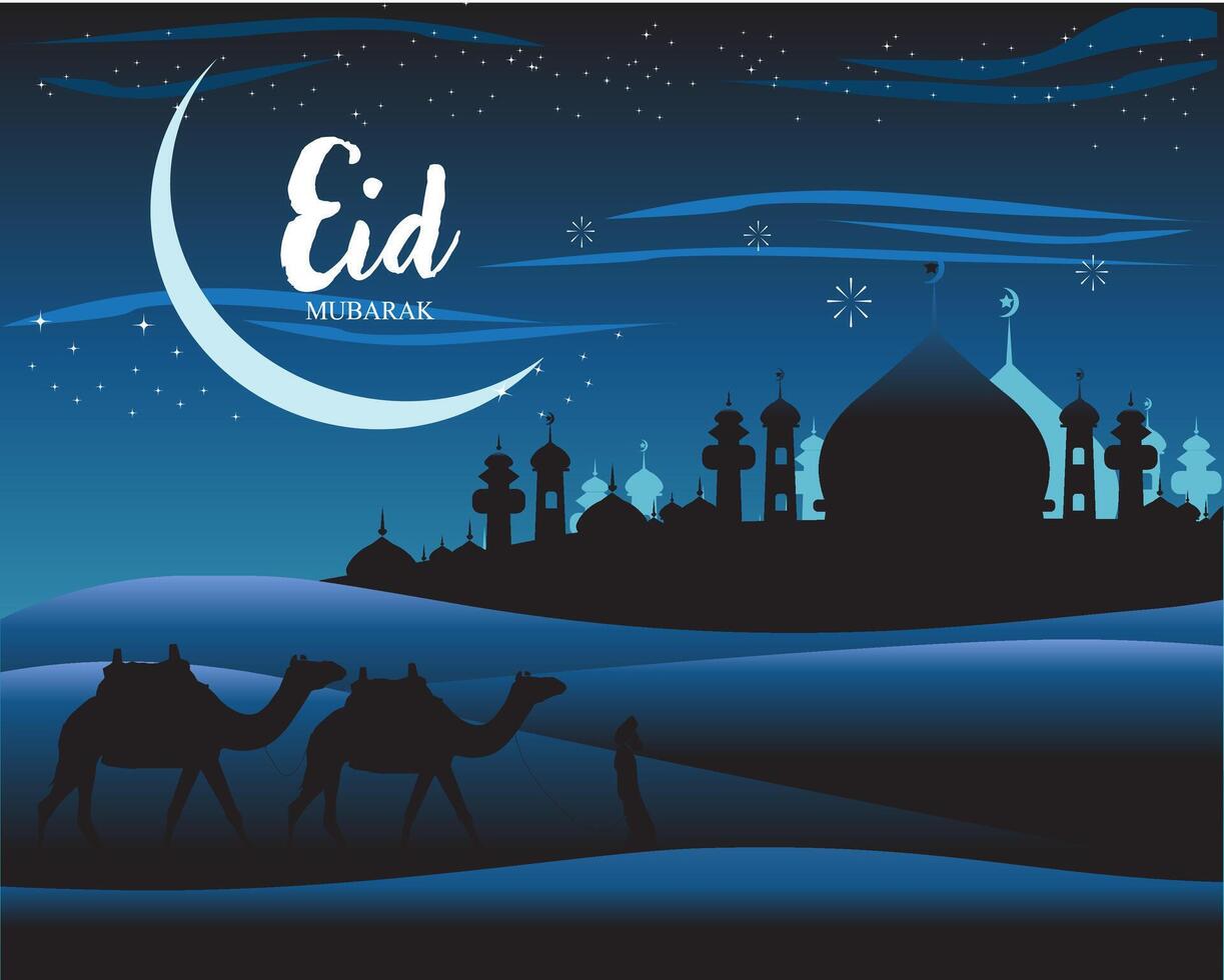 Vector in a desert on a night day blue sky and crescent moon stars fireworks and mosque silhouette with camels and driver eid mubarak