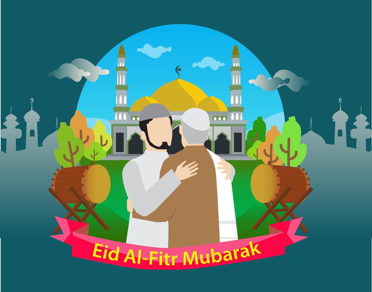 vector musulmán Pareja abrazando disculparse en mezquita y Bedug en ligero nublado azul cielo mientras celebrando contento eid Alabama fitr Mubarak plano estilo