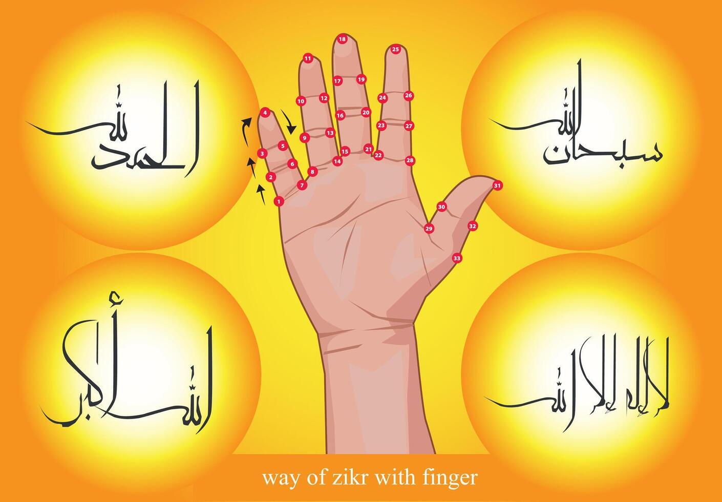 vector camino de zikir utilizando el dedos de el mano 33 veces con caligrafía Arábica fuente musulmán orar