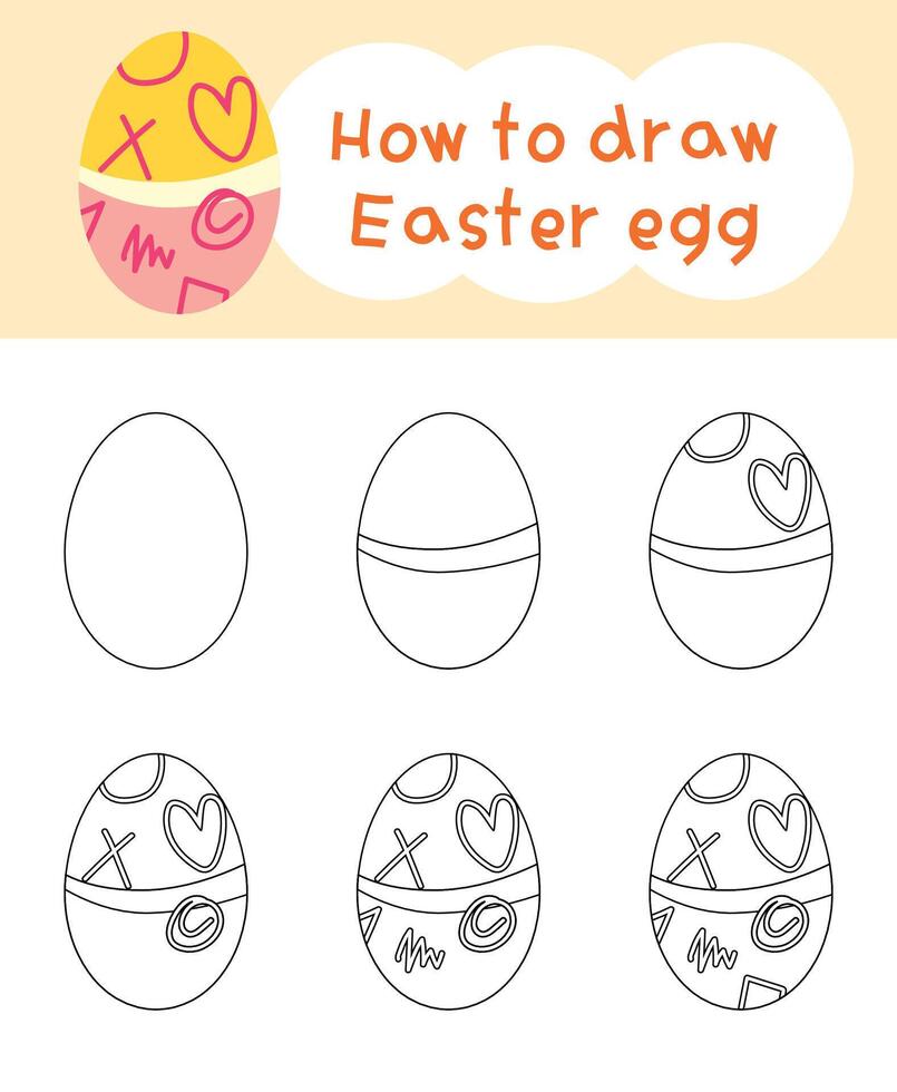 How to draw easter egg cartoon step by step for kid book, spring, coloring book and education vector