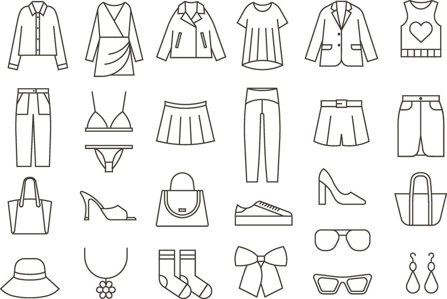 Set of clothes icons, thin line style vector