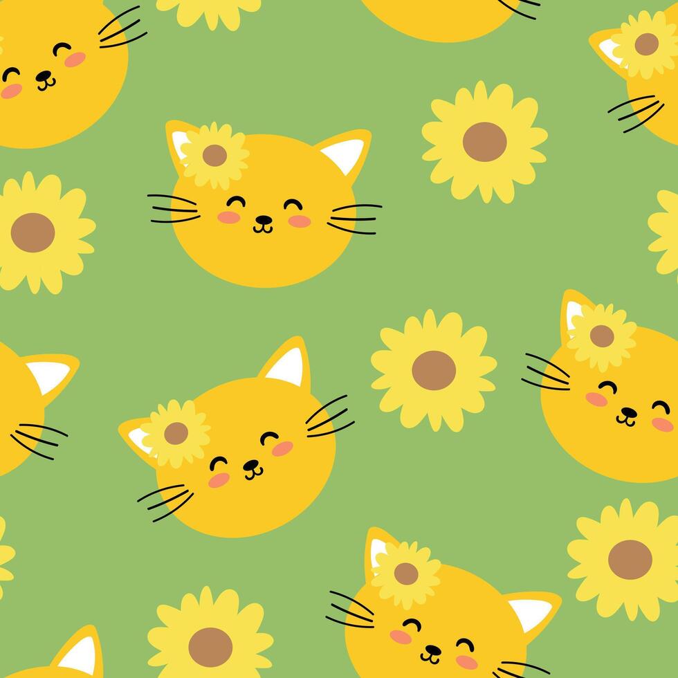 Seamless pattern with cute cartoon cats and yellow flower for fabric print, textile, gift wrapping paper. children's colorful vector, flat style vector