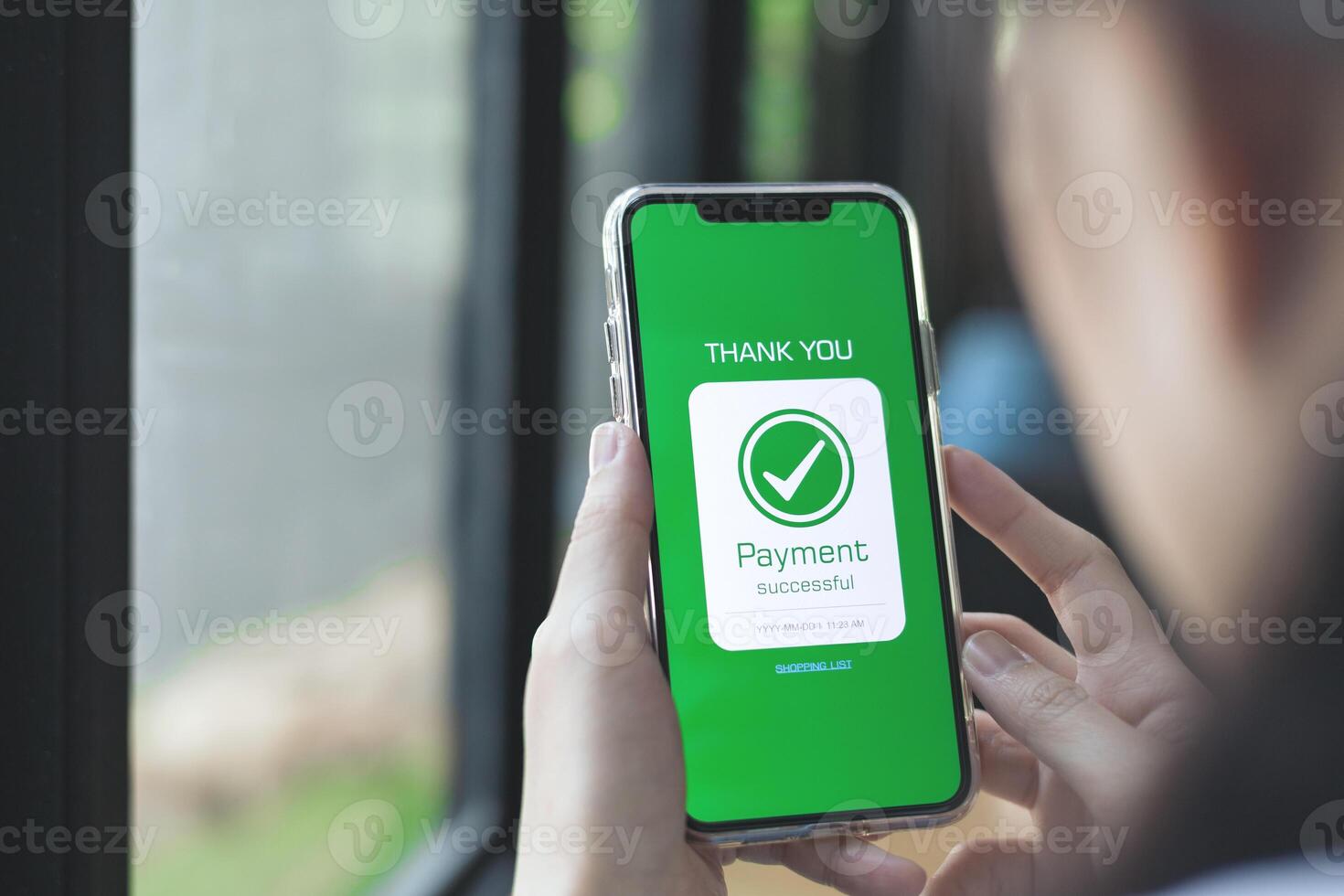 Online financial transactions and payment successful. Close-up of hand using smartphone for payment of shopping transaction By credit card online banking photo