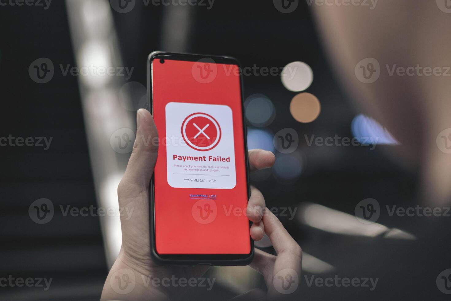 Payment failed, declined. Red online financial transaction notification in application showing error on smartphone. Concept of online banking, encrypting transactions and secure connection. photo