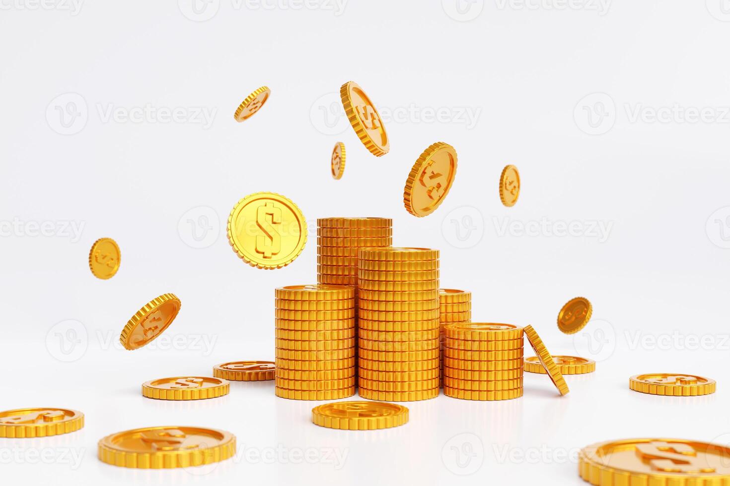 Golden dollar coins fall on white background. concept of financial exchange rates Funds and Profits photo