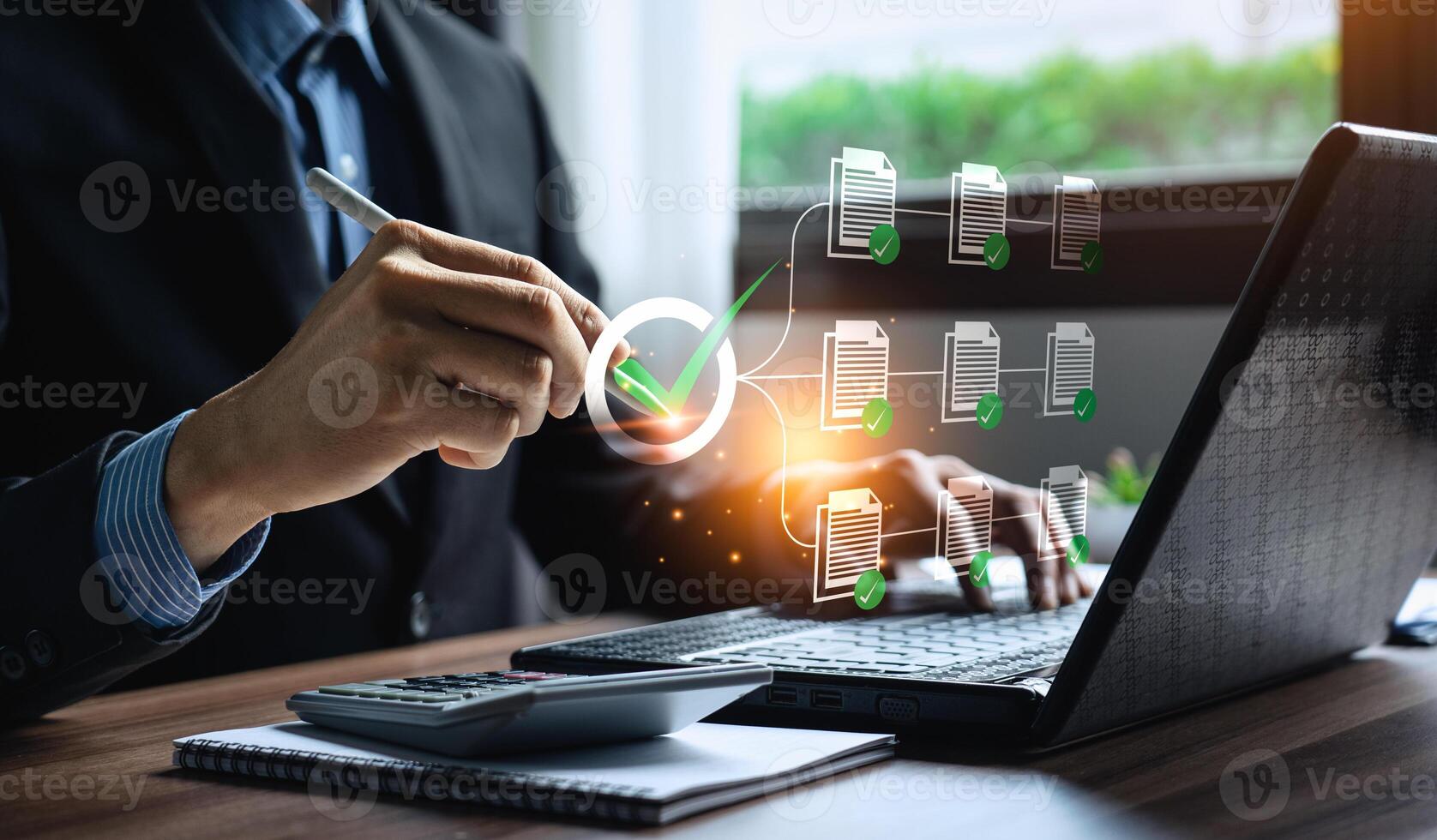 Business performance checklist, businessman using laptop doing online checklist survey, Check marks on checklist and Filling online form or answering questions. evaluation, online survey, online exam. photo