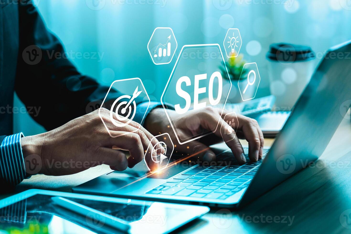 business people use SEO tools, Unlocking online potential. Boost visibility, attract organic traffic, and dominate search engine rankings with strategic optimization techniques. digital marketing photo