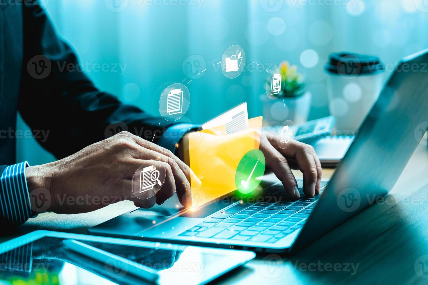 Document management system concept, software system for managing documents, information, organization. stores, searches, shares, controls data access, boosting efficiency and reducing data loss risks. photo