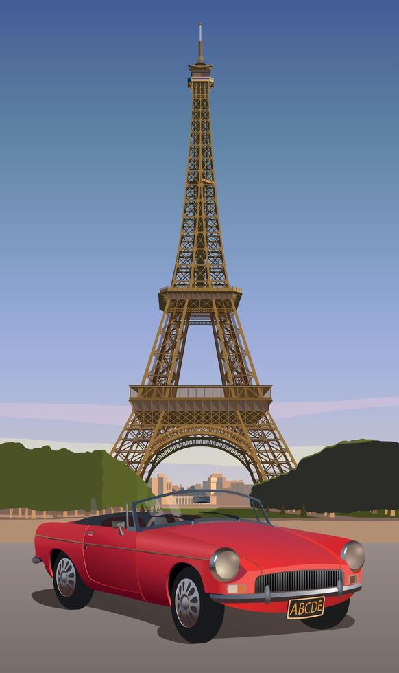 Red car against the background of the Eiffel Tower. Vector. vector