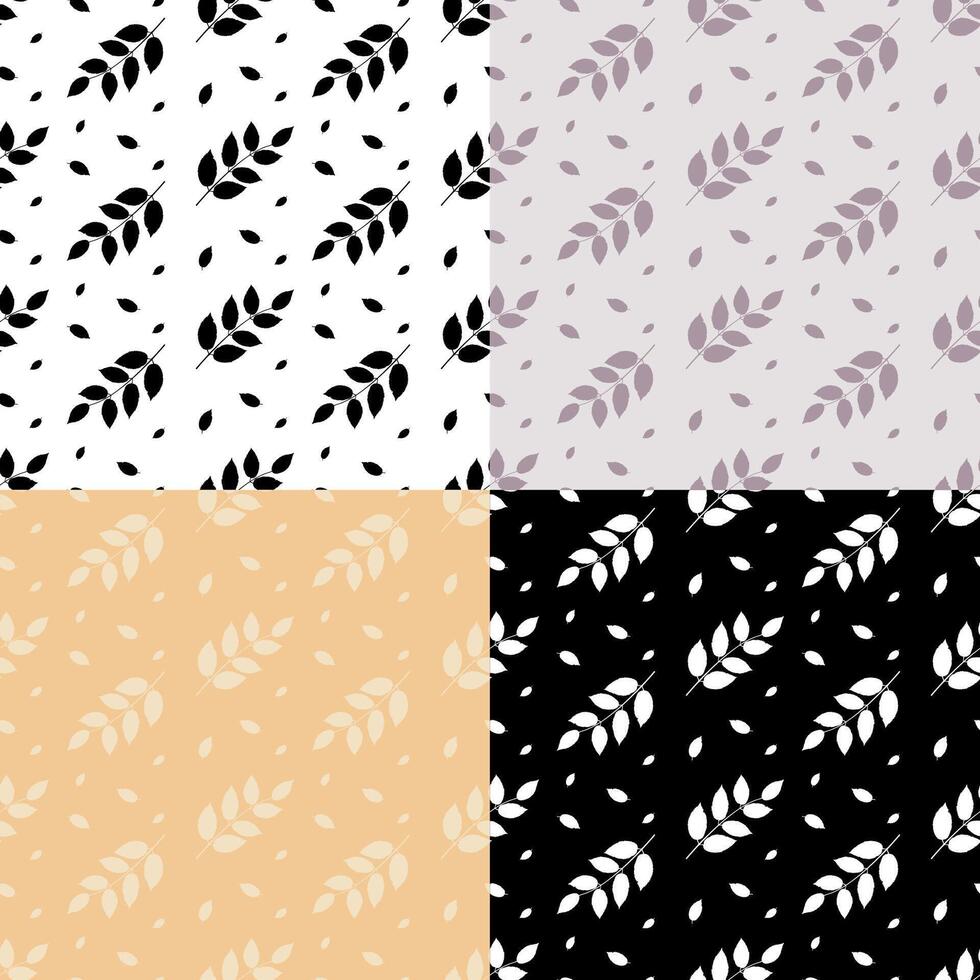 set of seamless patterns with silhouettes of ash tree leaves on branch. Ornament for decoration and printing on fabric. Design element. Vector