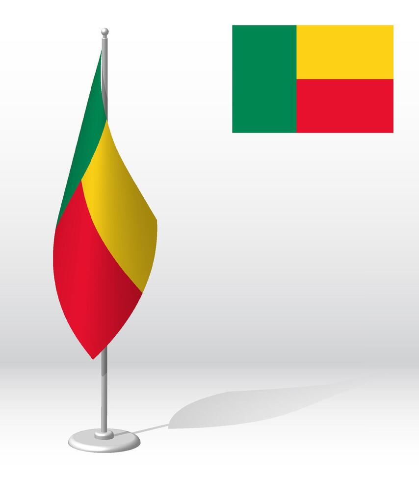 república de benin bandera en asta de bandera para registro de solemne evento, reunión exterior huéspedes. nacional independencia día de benín realista 3d vector en blanco