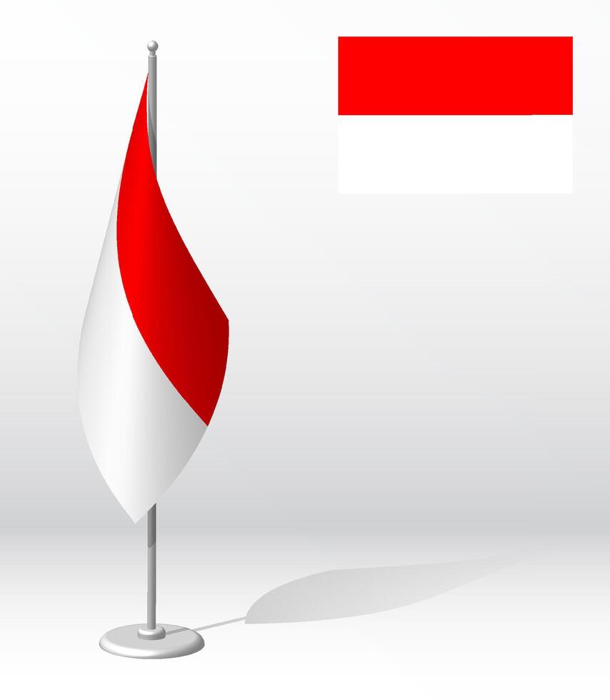 Republic of Indonesia flag on flagpole for registration of solemn event, meeting foreign guests. National independence day of Indonesia. Realistic 3D vector on white