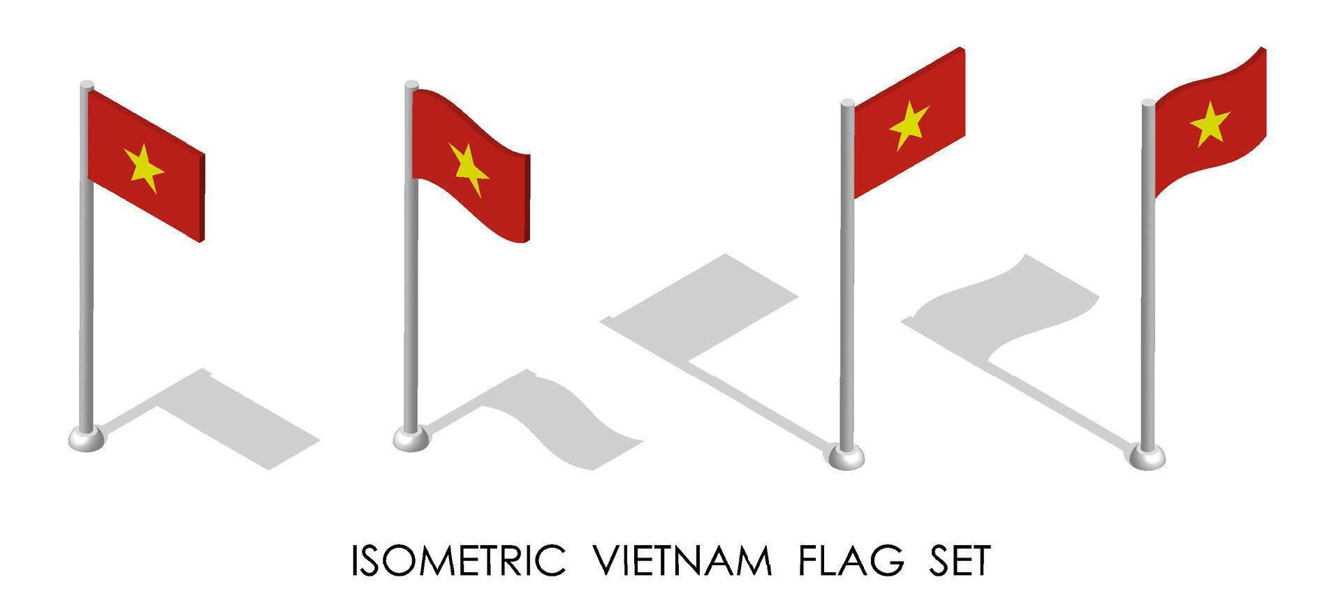 isométrica bandera de Vietnam en estático posición y en movimiento en asta de bandera. 3d vector