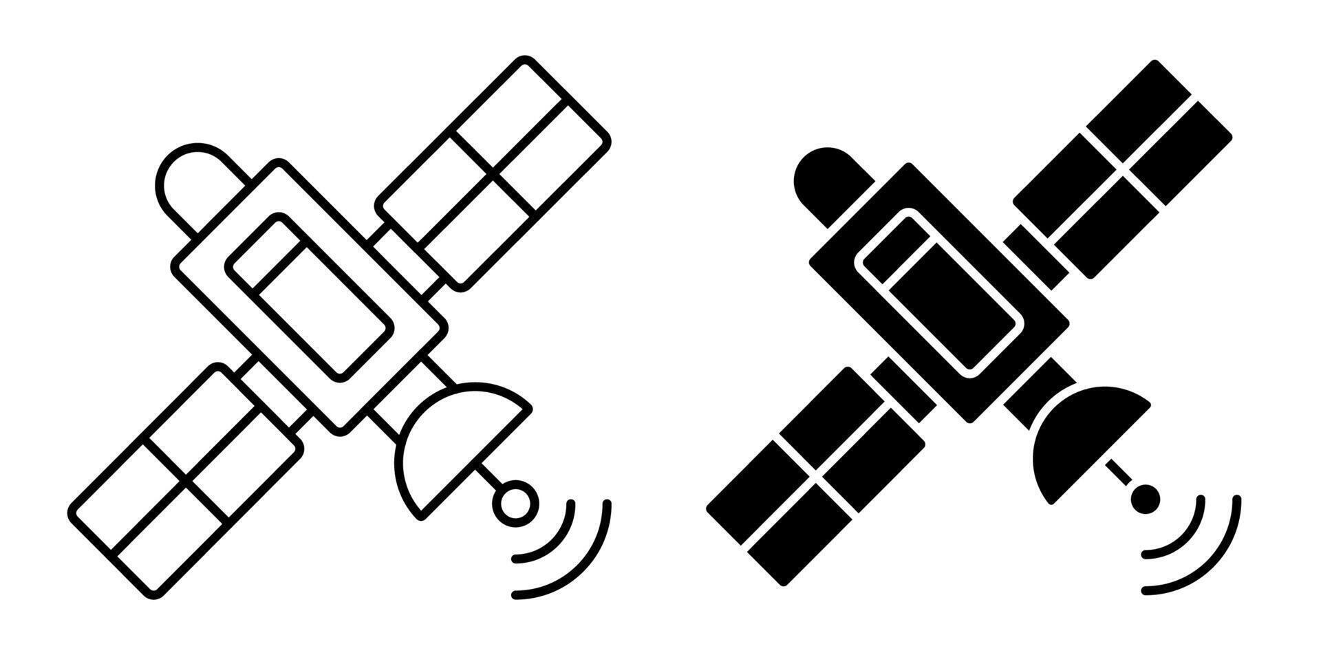 lineal icono. satélite mosca y transmitir comunicación señal. satélite comunicación y GPS navegación. sencillo negro y blanco vector