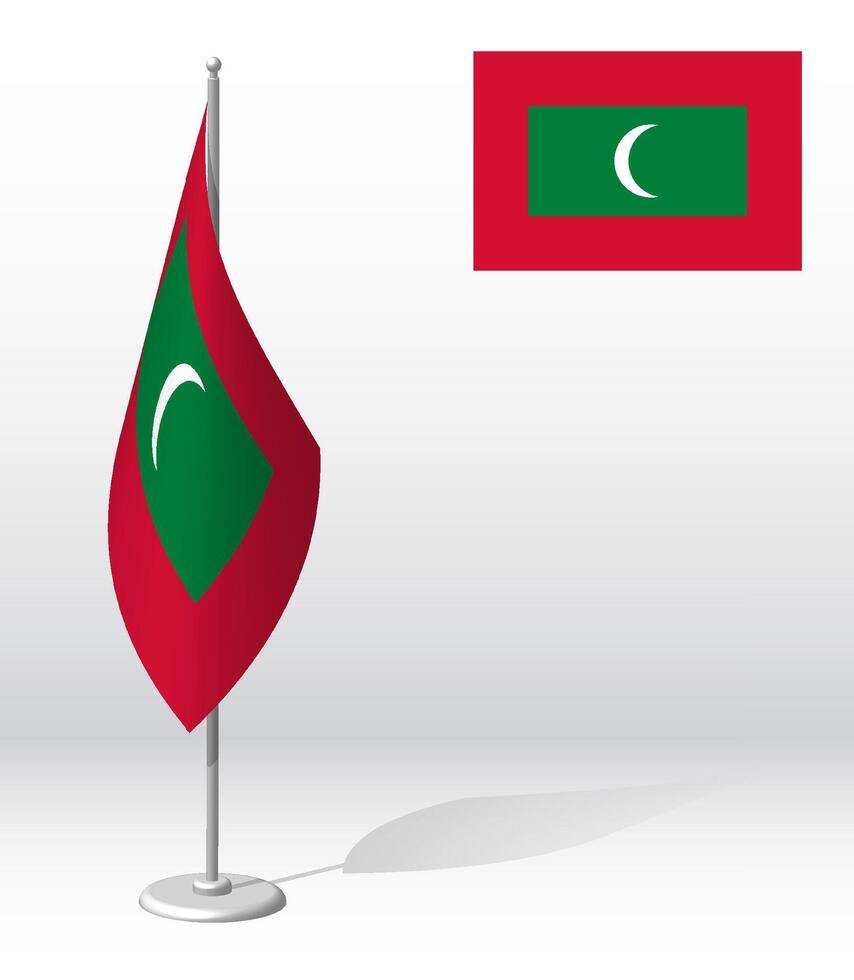 Maldives flag on flagpole for registration of solemn event, meeting foreign guests. National independence day of Maldives. Realistic 3D vector on white