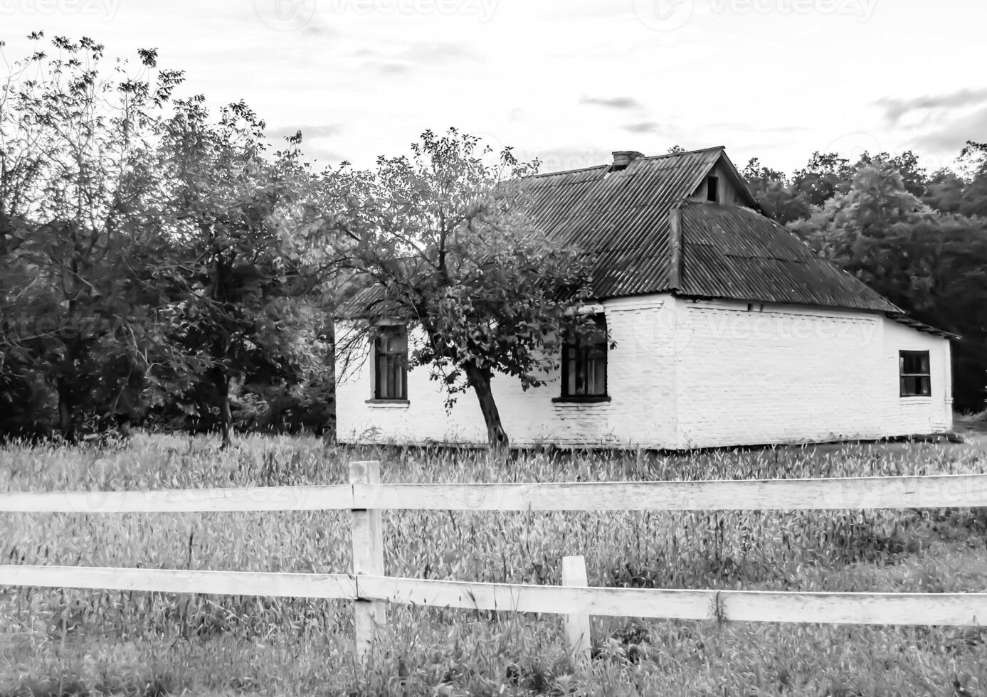 hermosa y antigua casa de campo abandonada en el campo sobre fondo natural foto