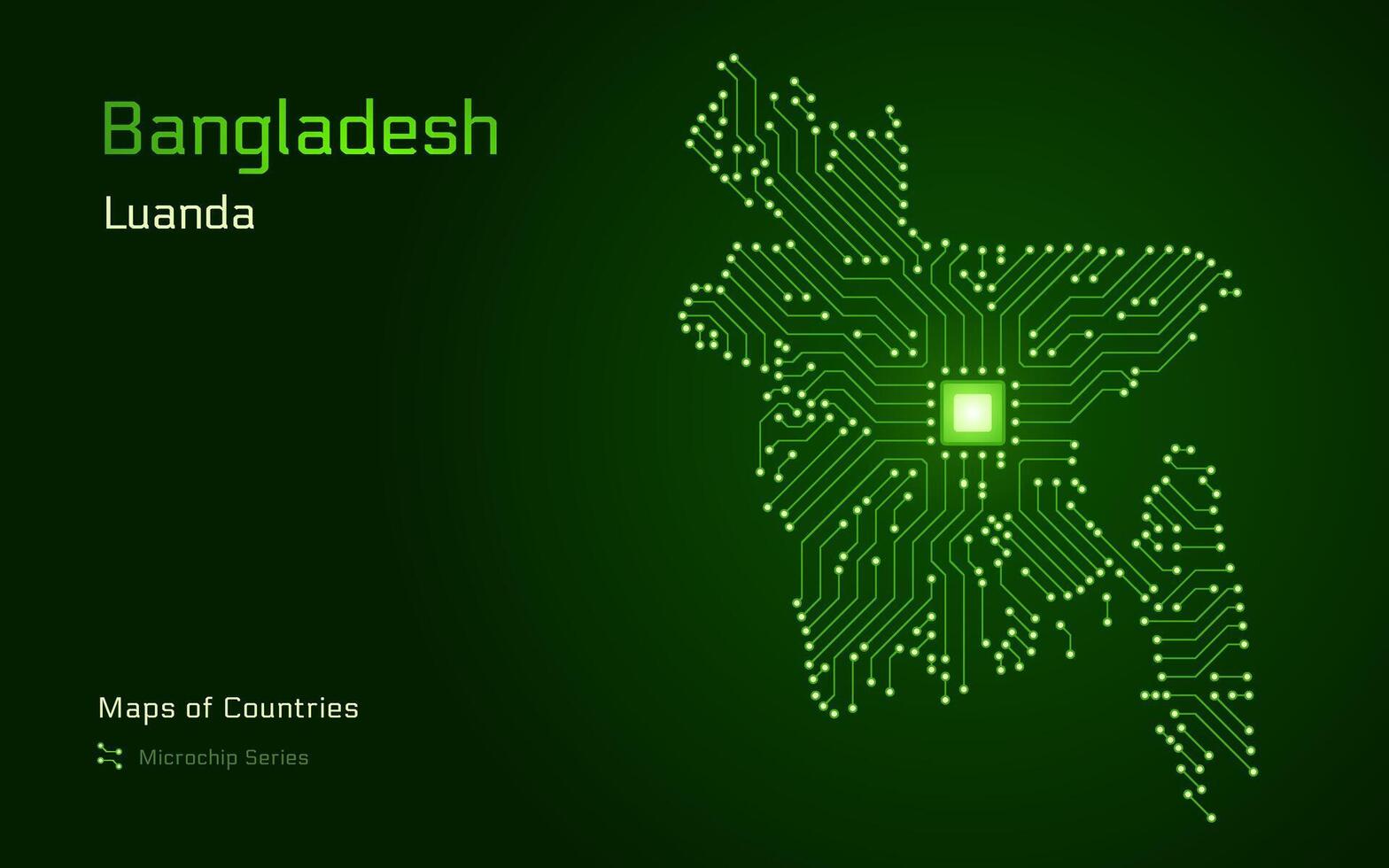 Bangladesh Map with a capital of Dhaka Shown in a Microchip Pattern with processor. E-government. World Countries vector maps. Microchip Series