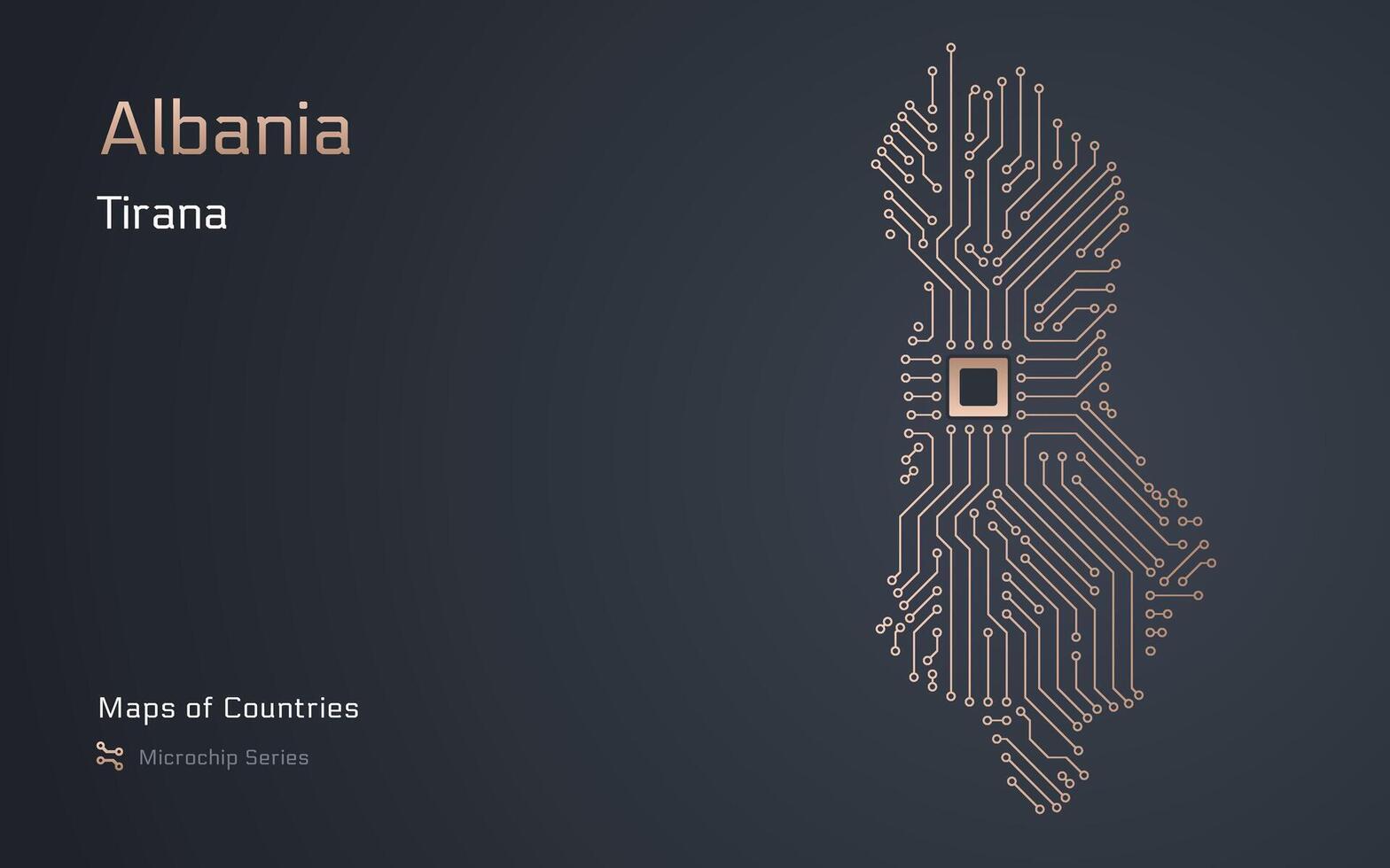 Albania mapa con un capital de tirana ciudad mostrado en un pastilla modelo con procesador. gobierno electrónico. mundo países vector mapas pastilla serie