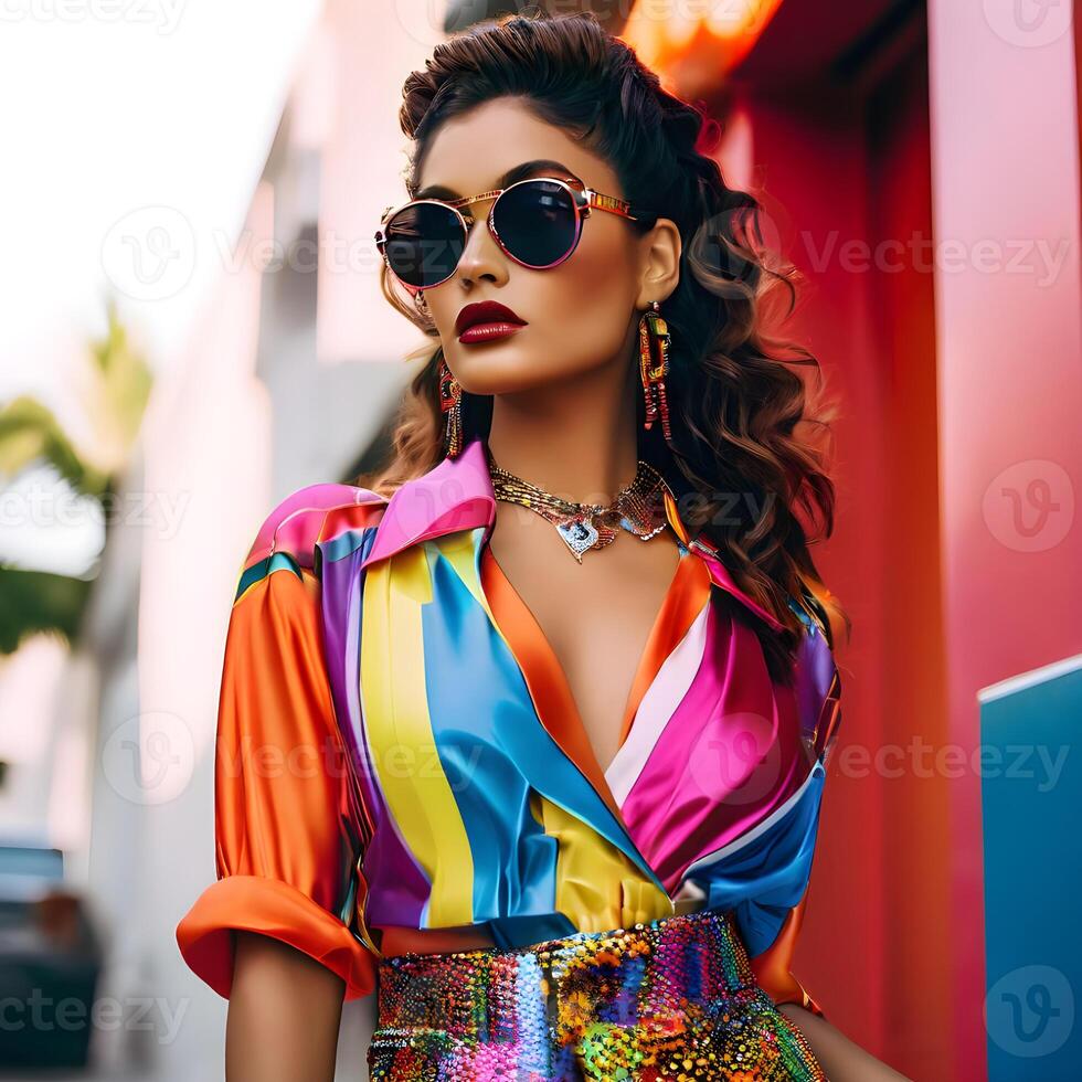 AI generated Attractive woman with glasses wearing a colorful outfit reflecting 80s fashion. Generative AI photo